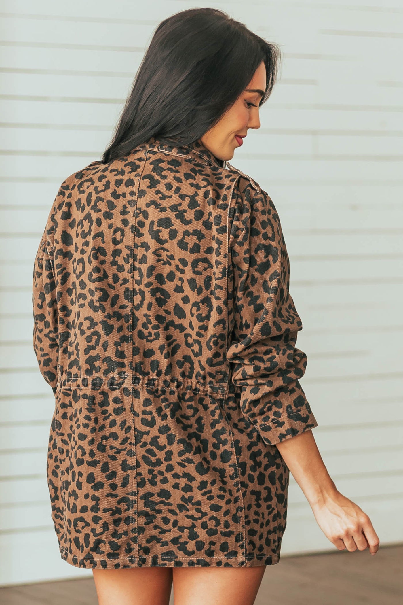Walnut Brown Leopard Print Denim Jacket with Pockets