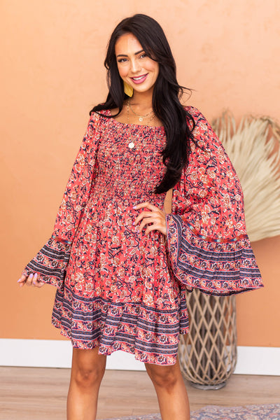 Watermelon Long Flare Sleeve Smocked Dress