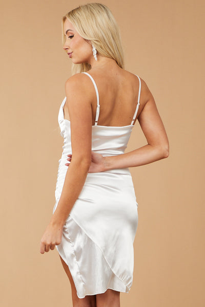 White Cowl Neck Ruched Side Satin Short Dress