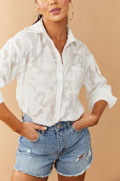 White Floral Jacquard Button Up Blouse