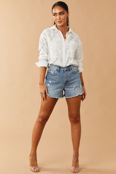White Floral Jacquard Button Up Blouse