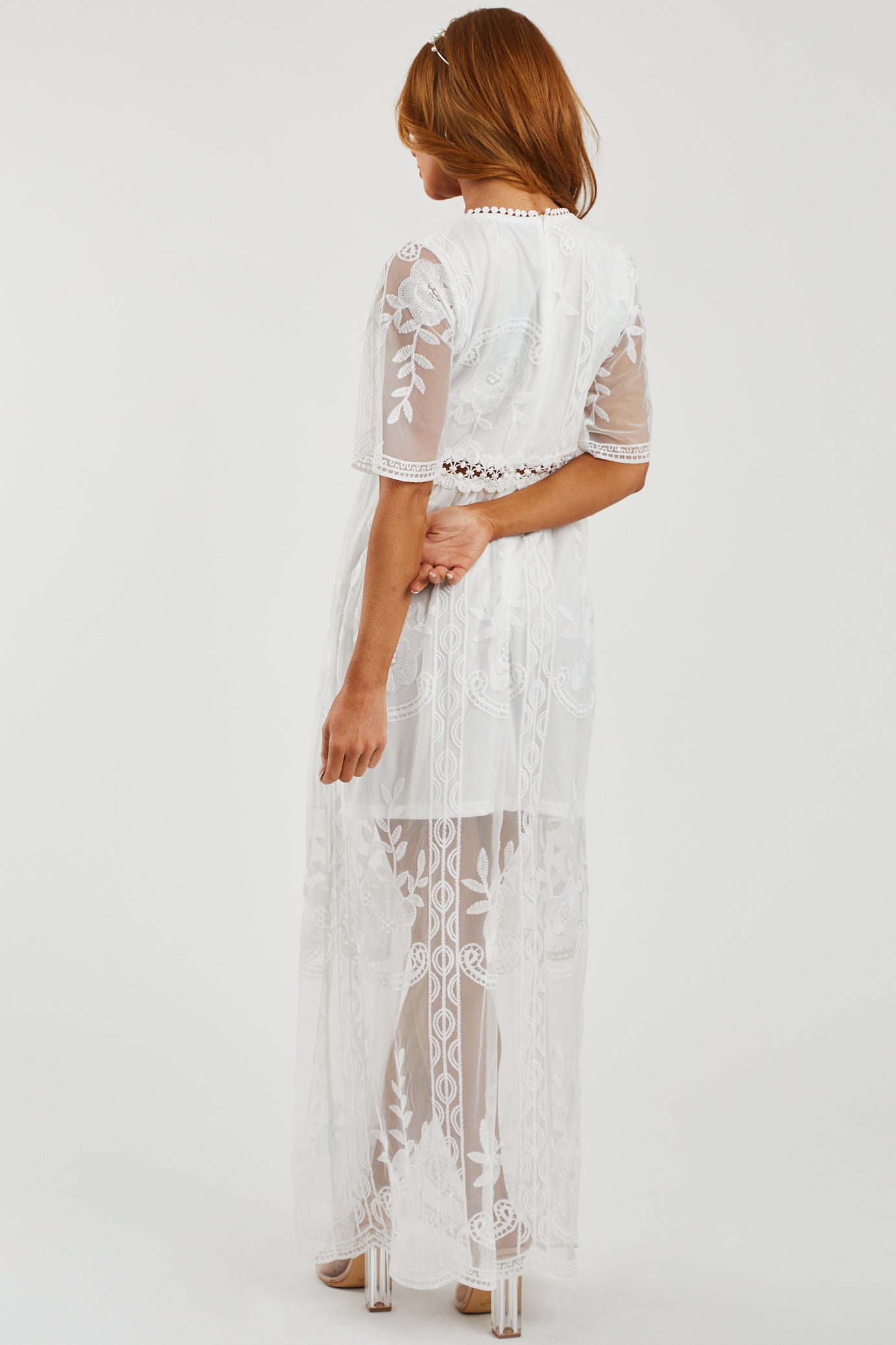 White Floral Lace Mesh Overlay V Neck Maxi Dress Lime Lush