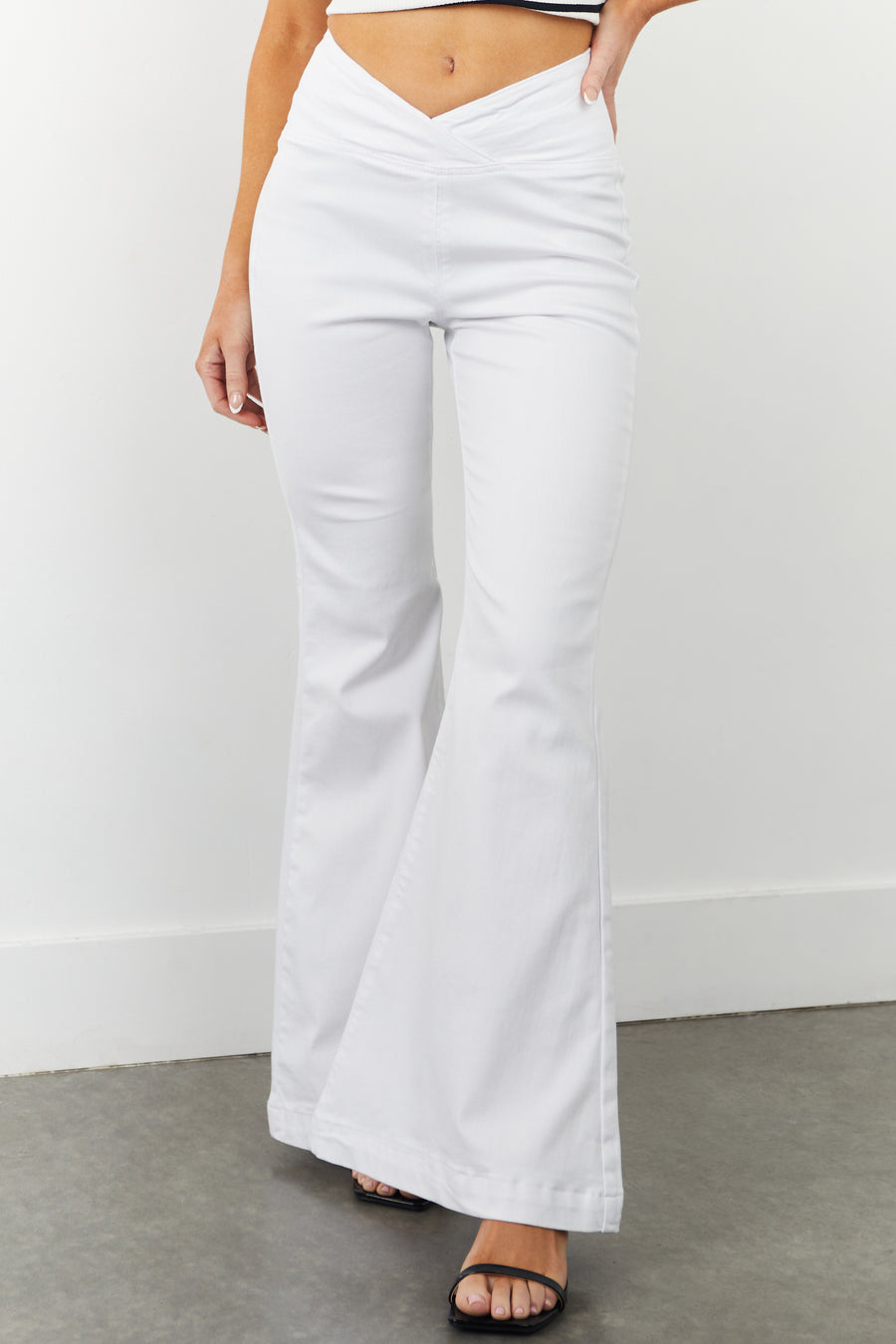 Vibrant White High Rise Crossover Waist Flare Jeans