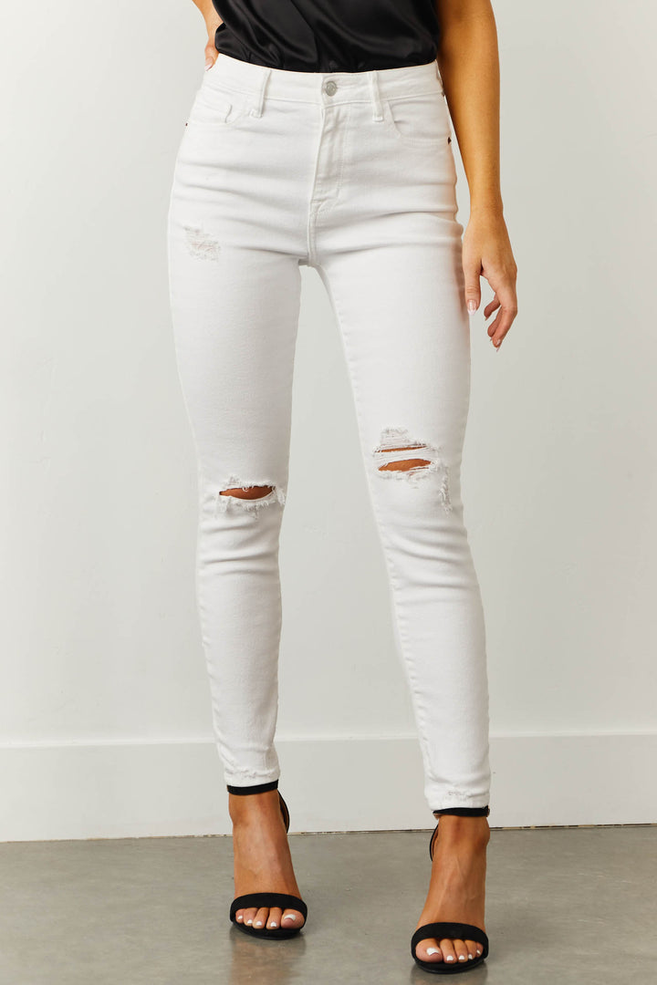 White High Rise Distressed Ankle Skinny Jeans