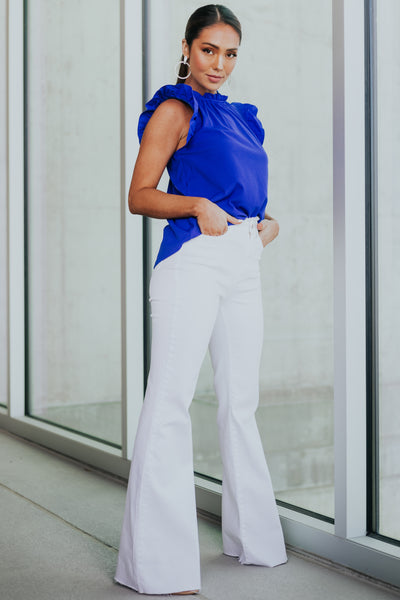 White High Rise Frayed Waistband Flare Jeans