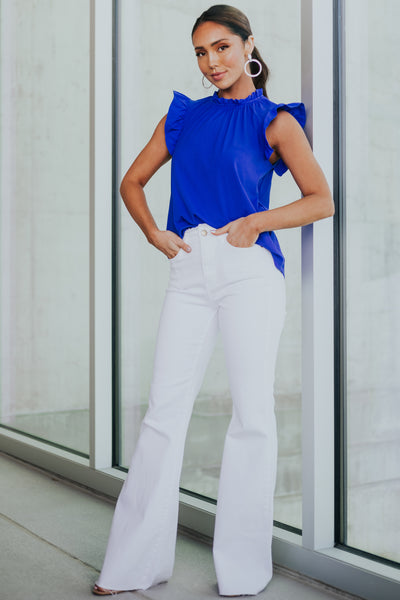 White High Rise Frayed Waistband Flare Jeans
