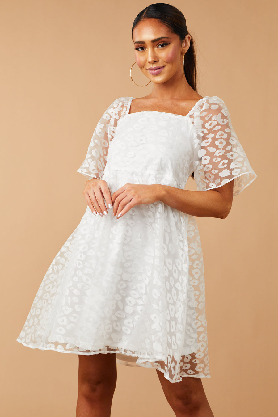 White Leopard Print Short Sleeve Mini Dress