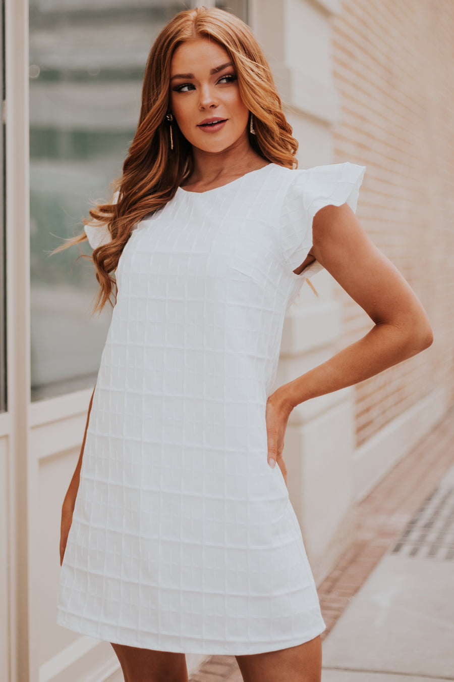 White Plaid Textured Tiered Sleeve Shift Dress