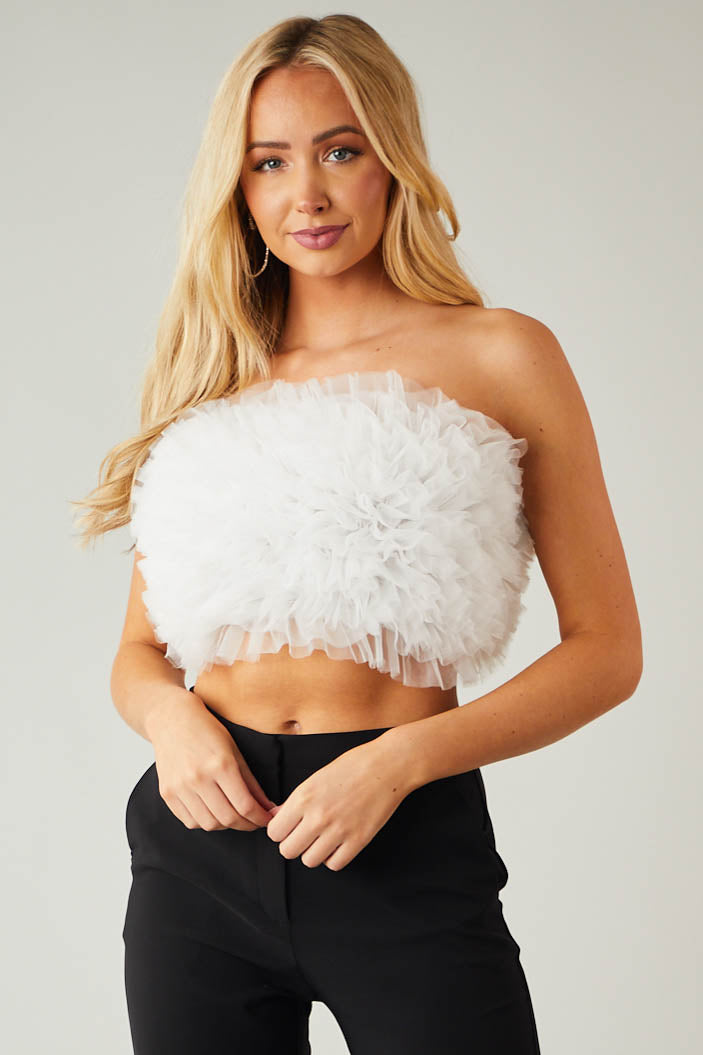 White Ruffled Tulle Strapless Cropped Top
