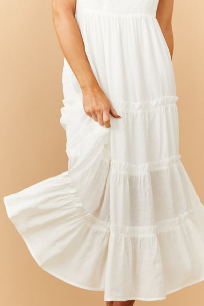 White Smocked Tiered Ruffle Strap Midi Dress
