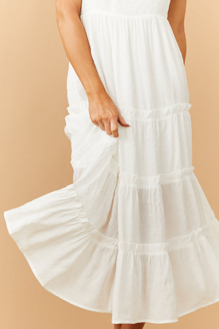 White Smocked Tiered Ruffle Strap Midi Dress