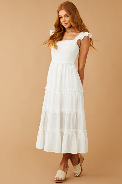 White Smocked Tiered Ruffle Strap Midi Dress