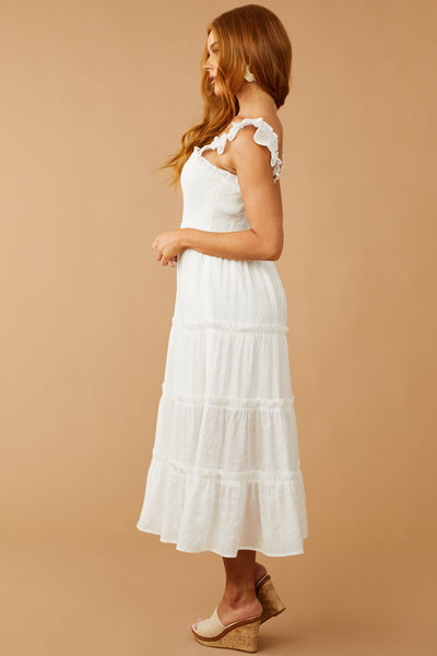 White Smocked Tiered Ruffle Strap Midi Dress