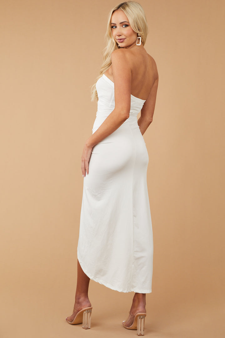 White Strapless Ruched Asymmetrical Drape Dress