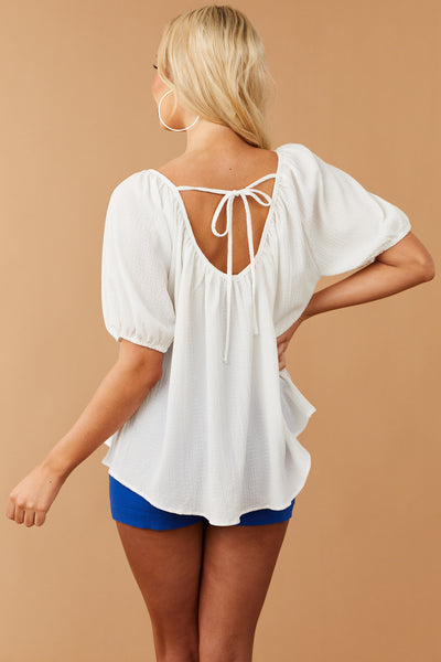White Textured Puff Sleeve Open Tie Back Top