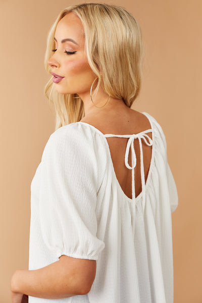 White Textured Puff Sleeve Open Tie Back Top