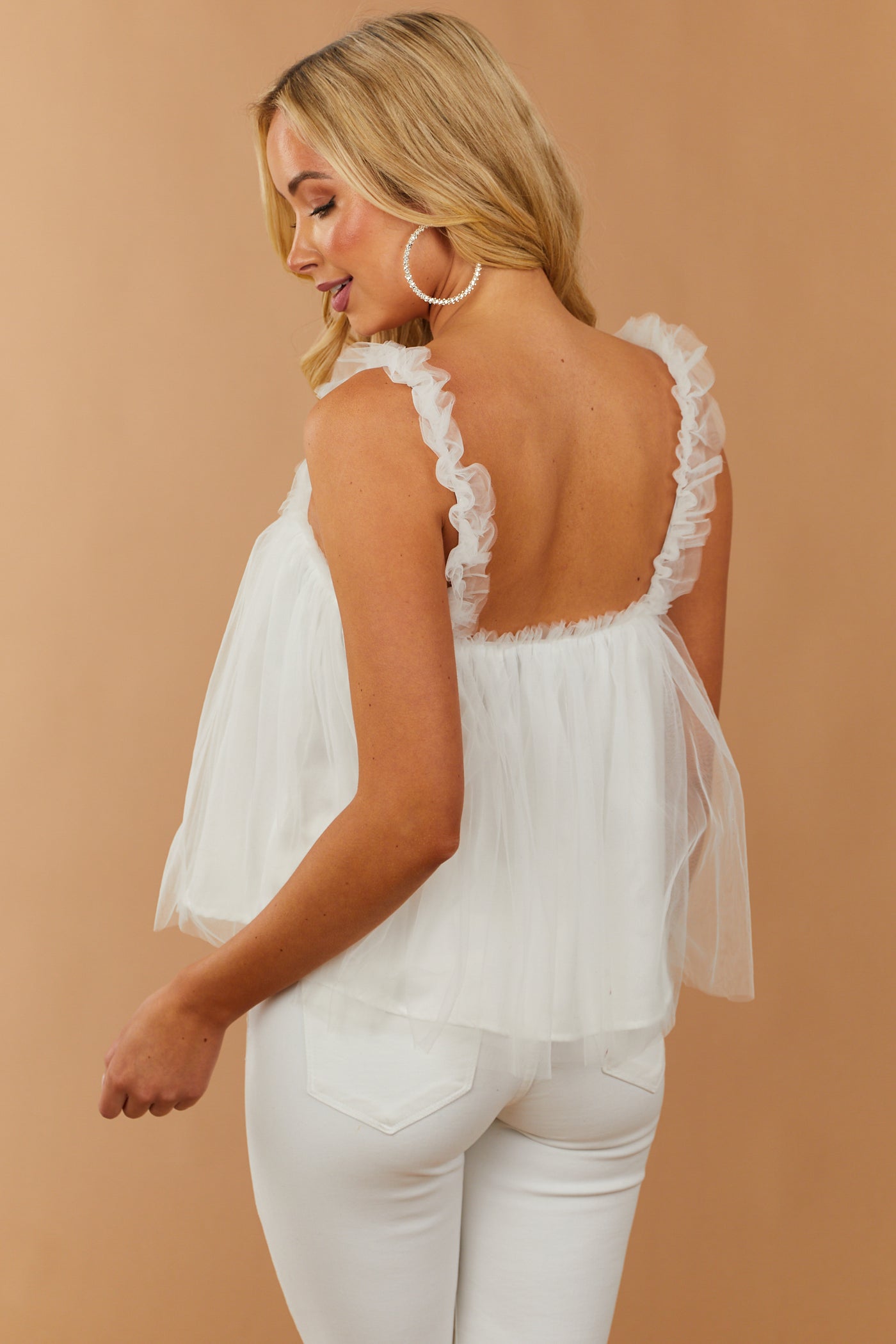 White Tulle Babydoll Frill Strap Woven Tank Top