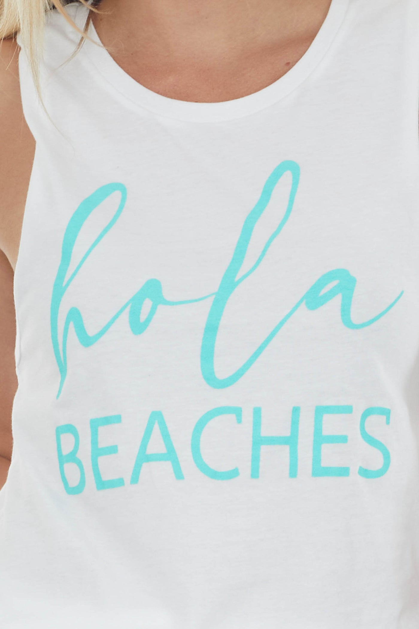 White and Aquamarine 'Hola Beaches' Tank Top