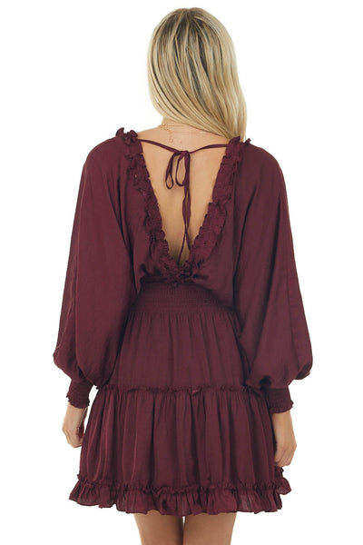 Wine Dolman Sleeve Smocked Tiered Silky Dress