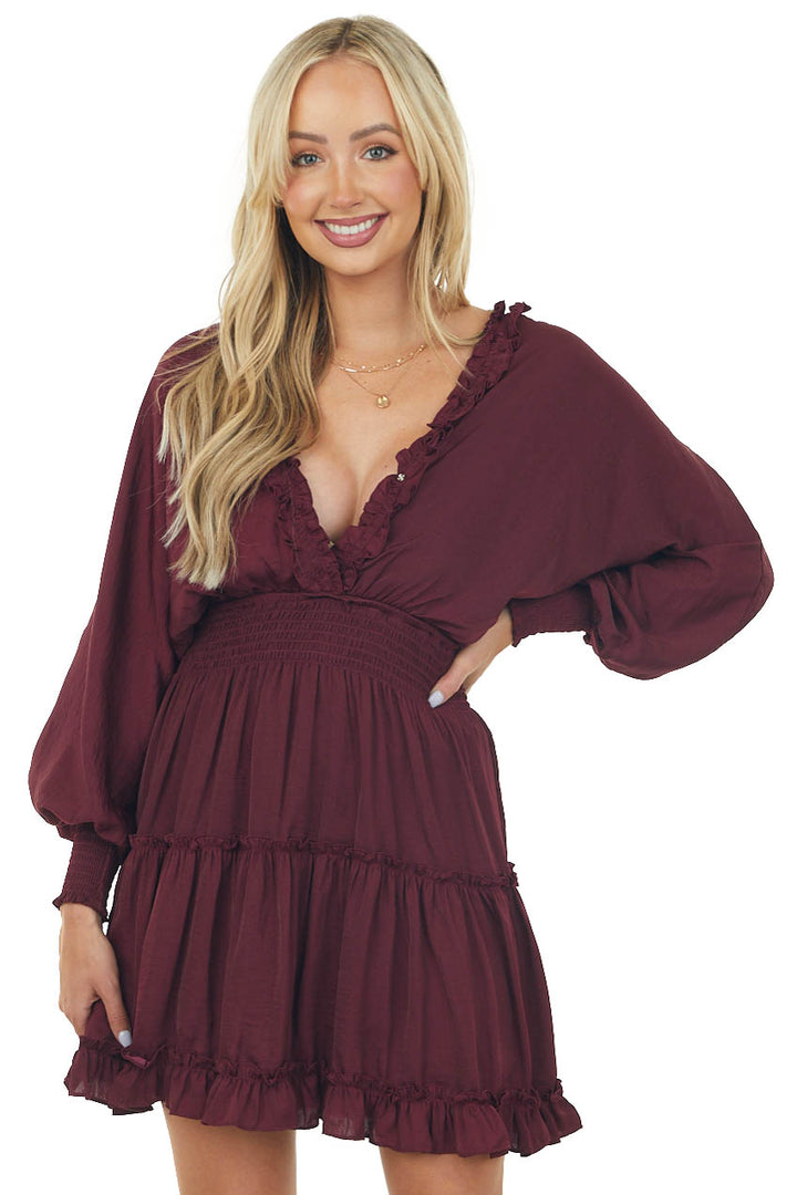 Wine Dolman Sleeve Smocked Tiered Silky Dress