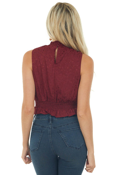 Wine Jacquard Sleeveless Mock Neck Peplum Top