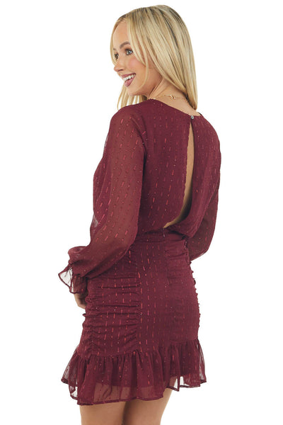 Wine Metallic Threaded Puff Sleeve Mini Dress