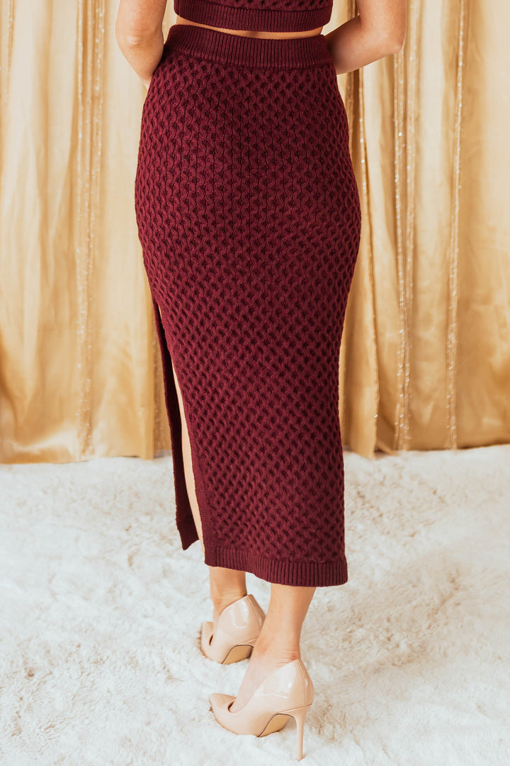 Wine Textured Knit Midi Skirt with Side Slit