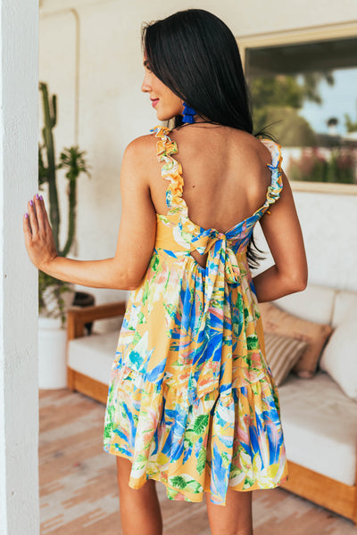 Amber Tropical Print Babydoll Ruffle Tank Dress