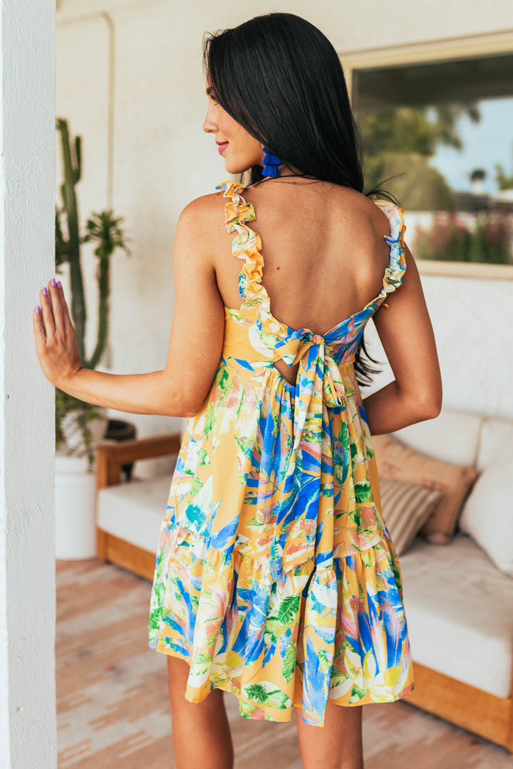 Amber Tropical Print Babydoll Ruffle Tank Dress