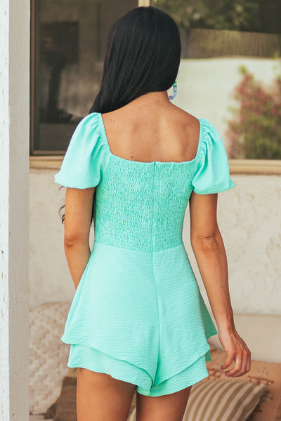 Aquamarine Puff Sleeve Romper with Tie Detail
