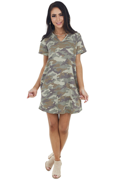 Army Green Camo Print Short Sleeve V Neck Knit Mini Dress