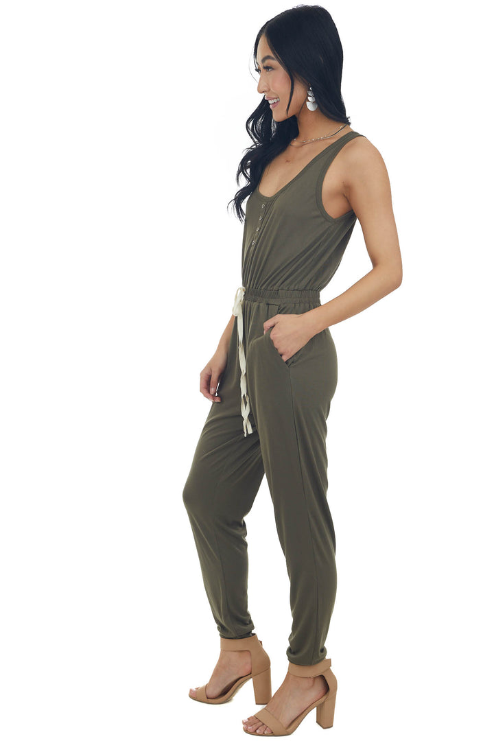 Army Green Sleeveless Elastic Waist Jumpsuit