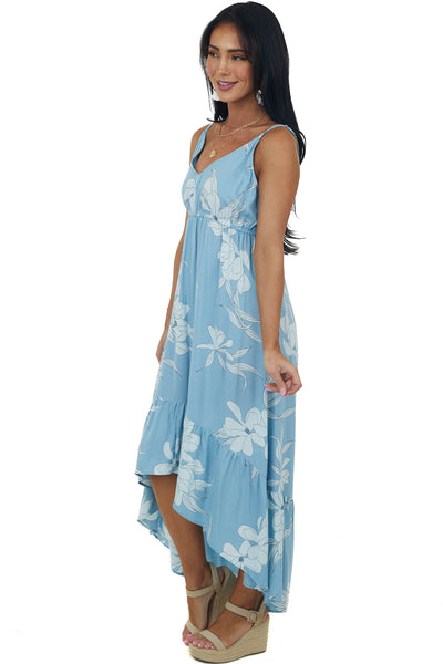 Baby Blue Floral Print Sleeveless High Low Dress