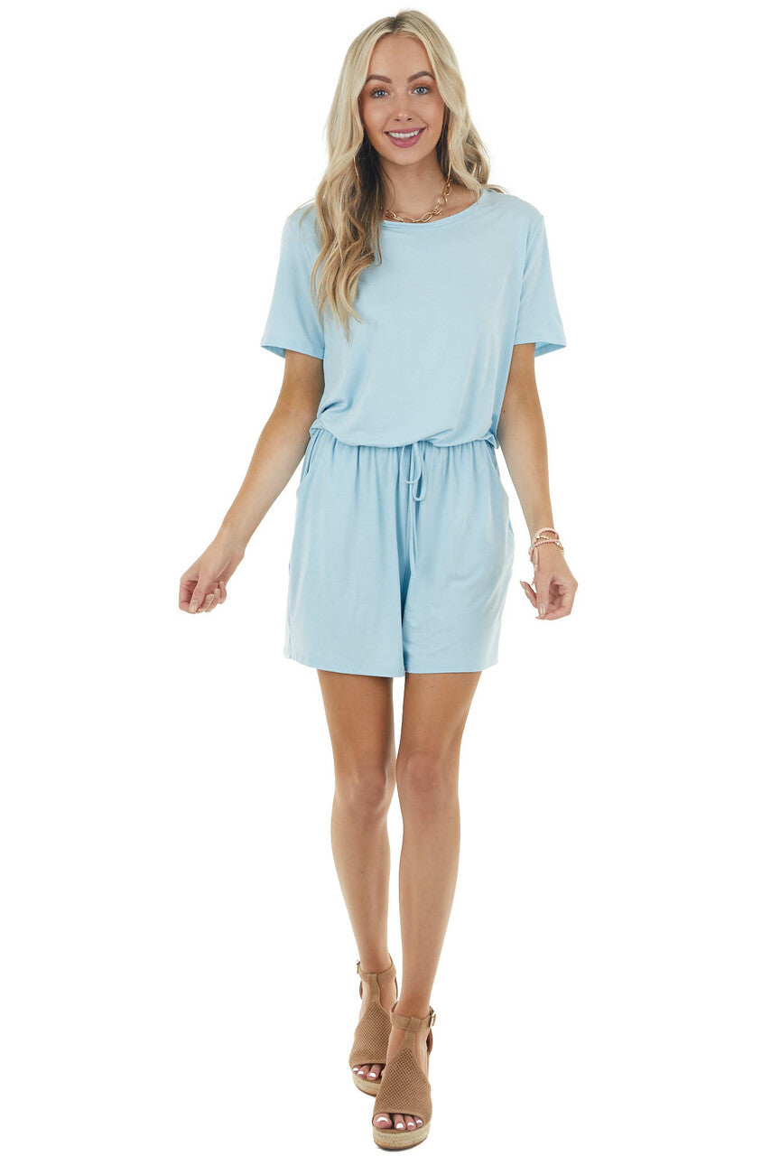 Baby Blue Short Sleeve Knit Romper with Elastic Waistband 