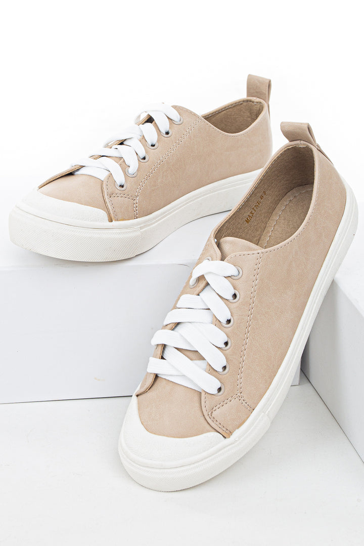 Beige Faux Leather Sneakers with White Laces and Rubber Sole