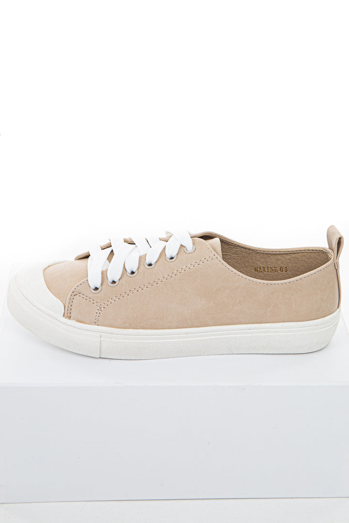 Beige Faux Leather Sneakers with White Laces and Rubber Sole