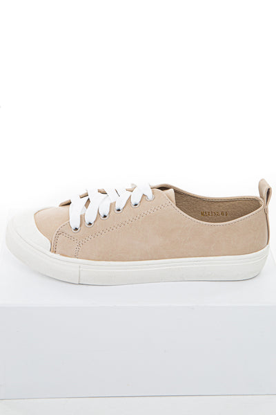 Beige Faux Leather Sneakers with White Laces and Rubber Sole