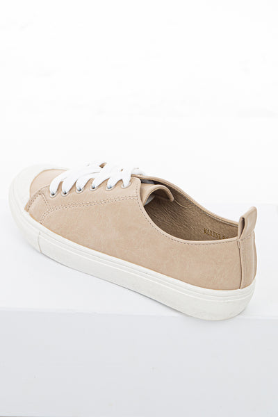 Beige Faux Leather Sneakers with White Laces and Rubber Sole