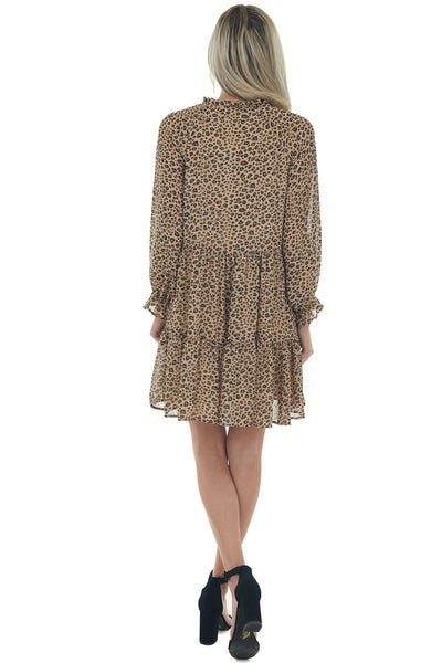 Beige Leopard Print Long Sleeve Ruffle Dress 