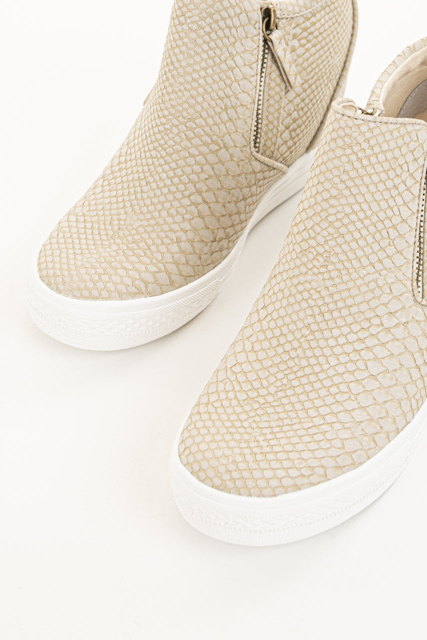 Beige Snakeskin Print Textured Wedge Sneaker with Zippers