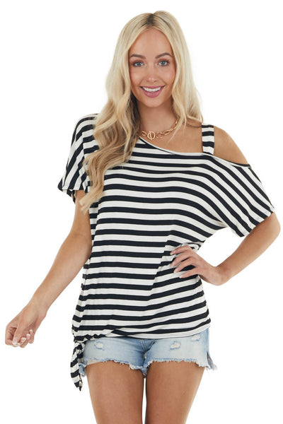 Black and Ivory Striped One Cold Shoulder Knit Top with Tie