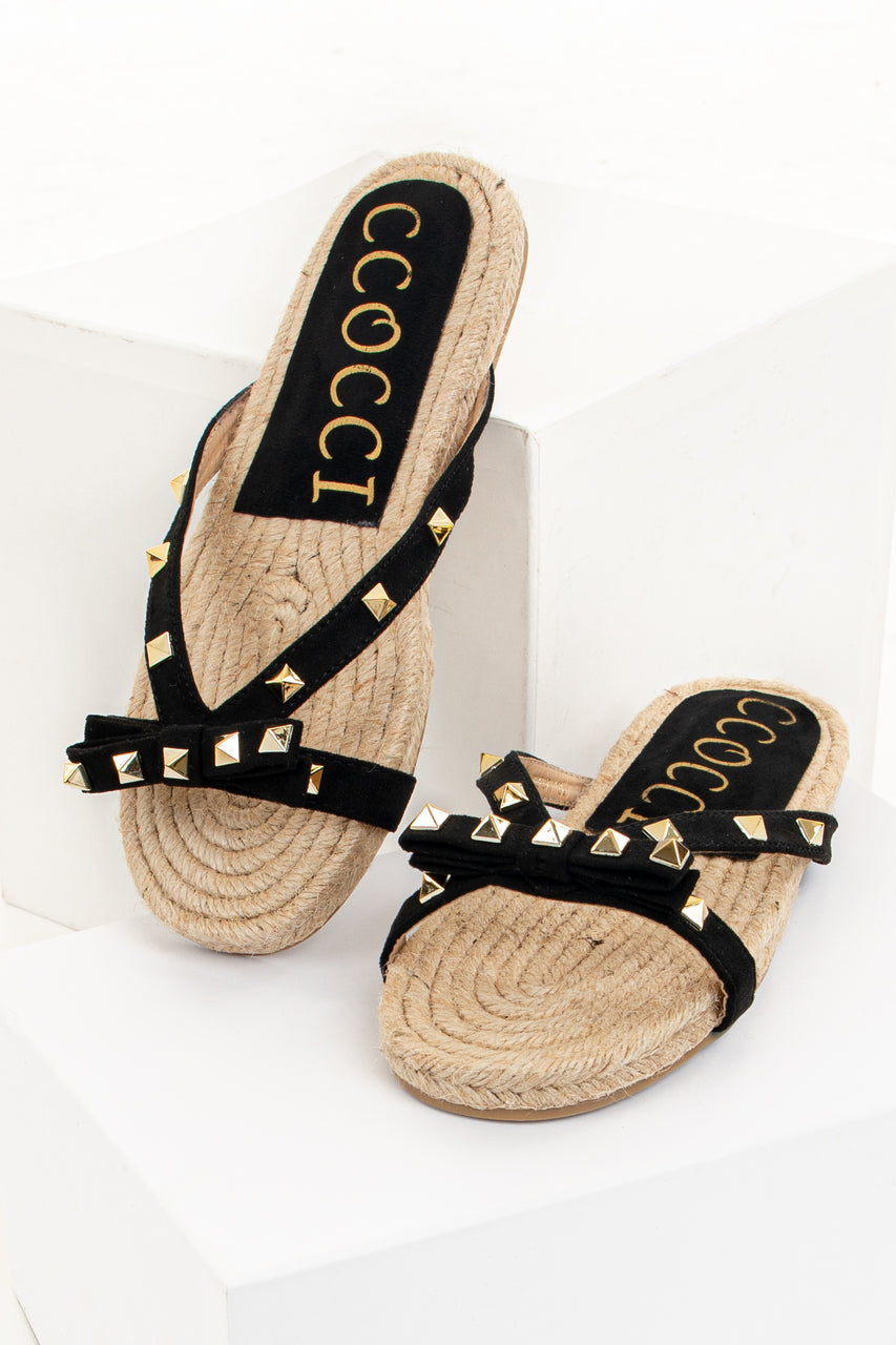 Black and Tan Sandal with Bow and Gold Studs