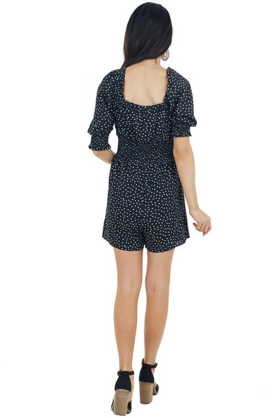 Black and White Polka Dot Smocked Romper with Ruffles Detail