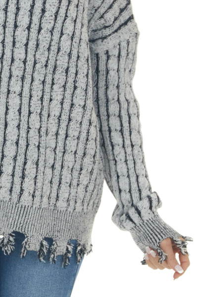 Black Cable Knit Distressed Trim Sweater