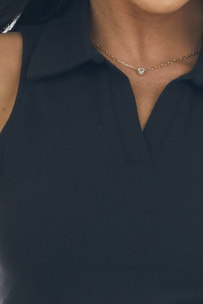Black Collared Sleeveless Knit Crop Top
