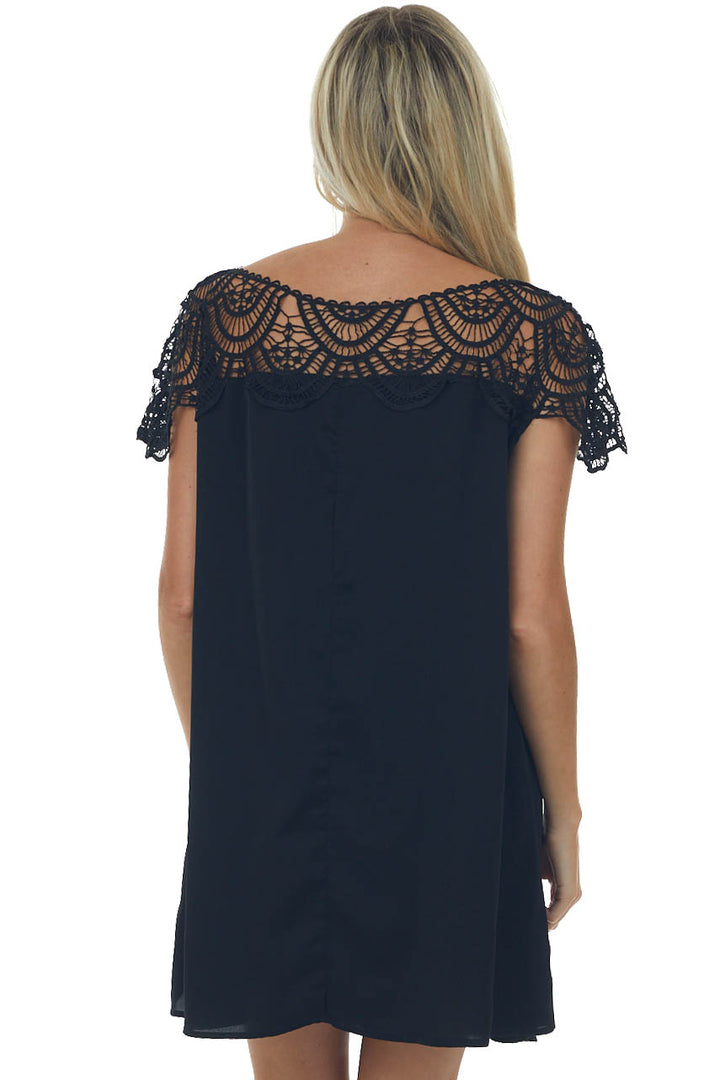 Black Crochet Lace Yoke Woven Shift Dress