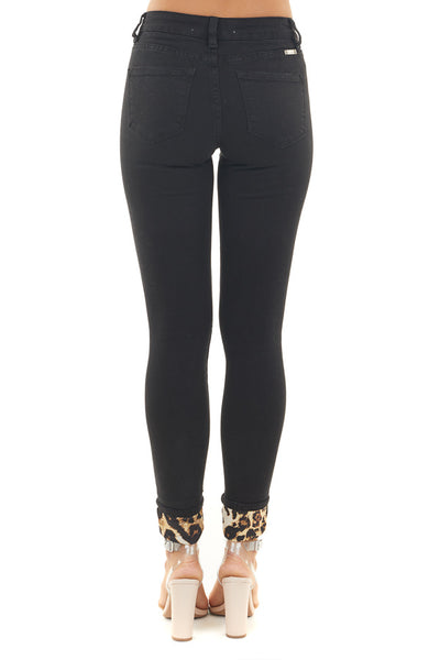 Black Distressed Skinny Jeans with Leopard Patches and Cuffs