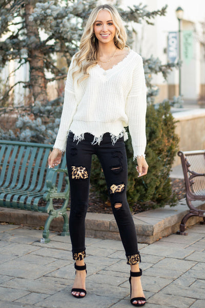 Black Distressed Skinny Jeans with Leopard Patches and Cuffs