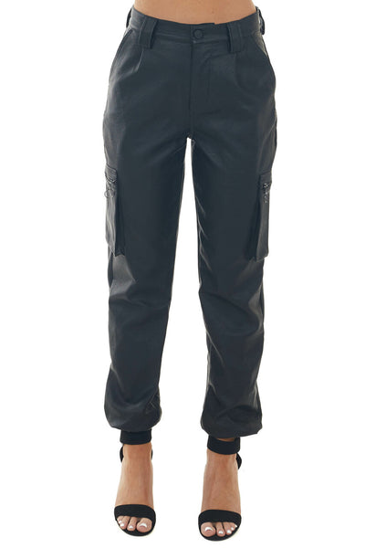 Black Faux Leather High Rise Cargo Joggers
