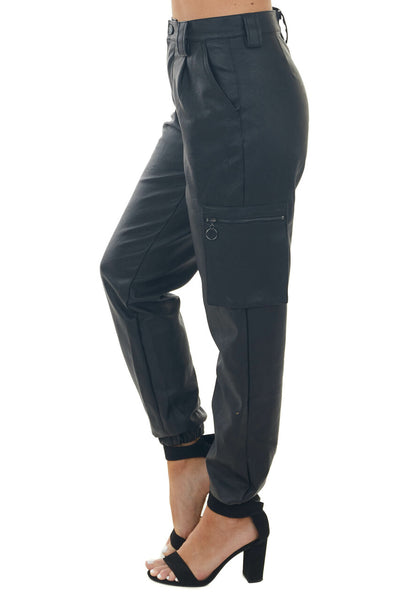 Black Faux Leather High Rise Cargo Joggers